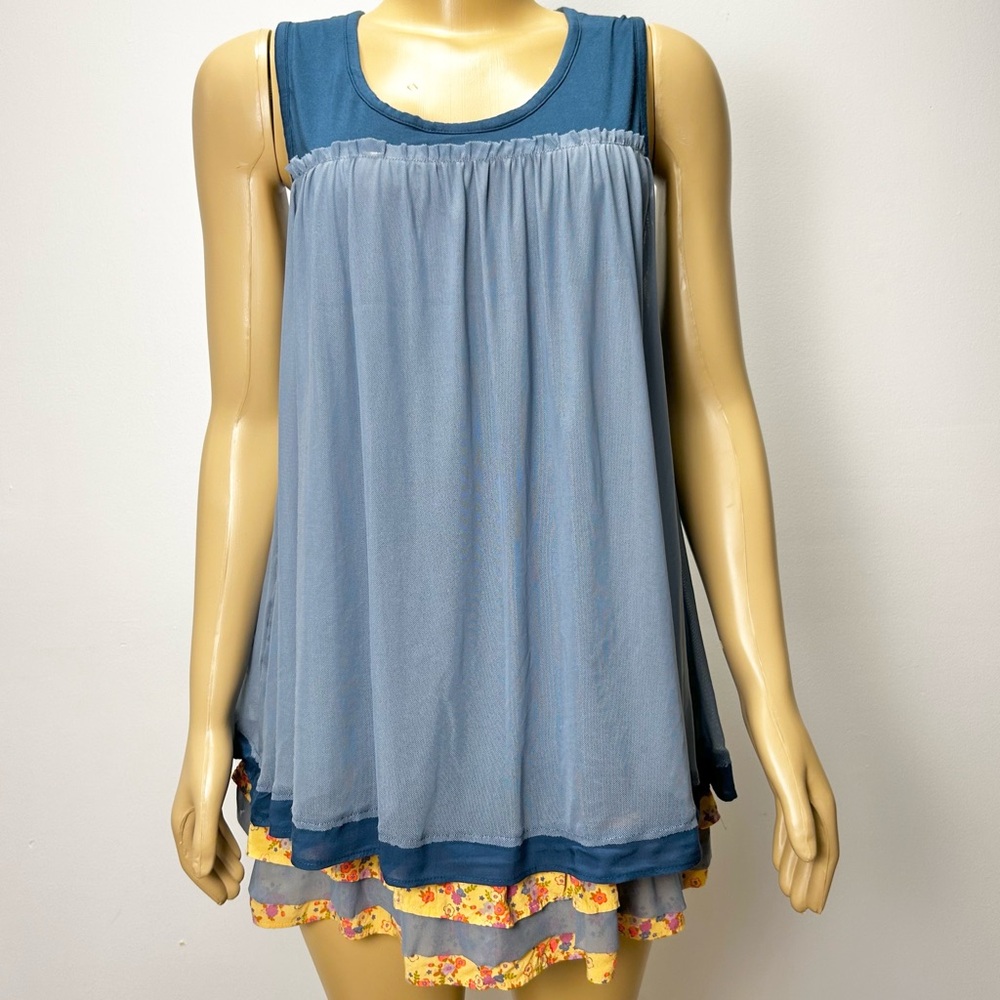 Matilda Jane Womens Blue Floral‎ Tiered Ruffle Mesh Tunic Top Sleeveless XS